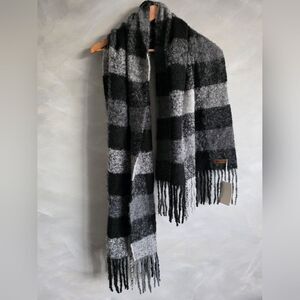 Pacas Black Gray Fringe Wide Mohair Brushed Scarf 76x19'W NWT